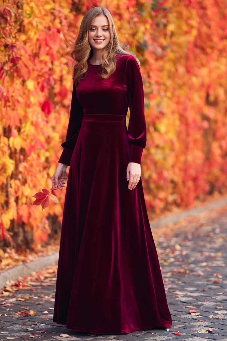 Robe en velours prune bordeaux, robe longue de demoiselle d'honneur en velours, robe d'invitée de mariage, robe fendue en velours, robe longue de soirée à manches longues